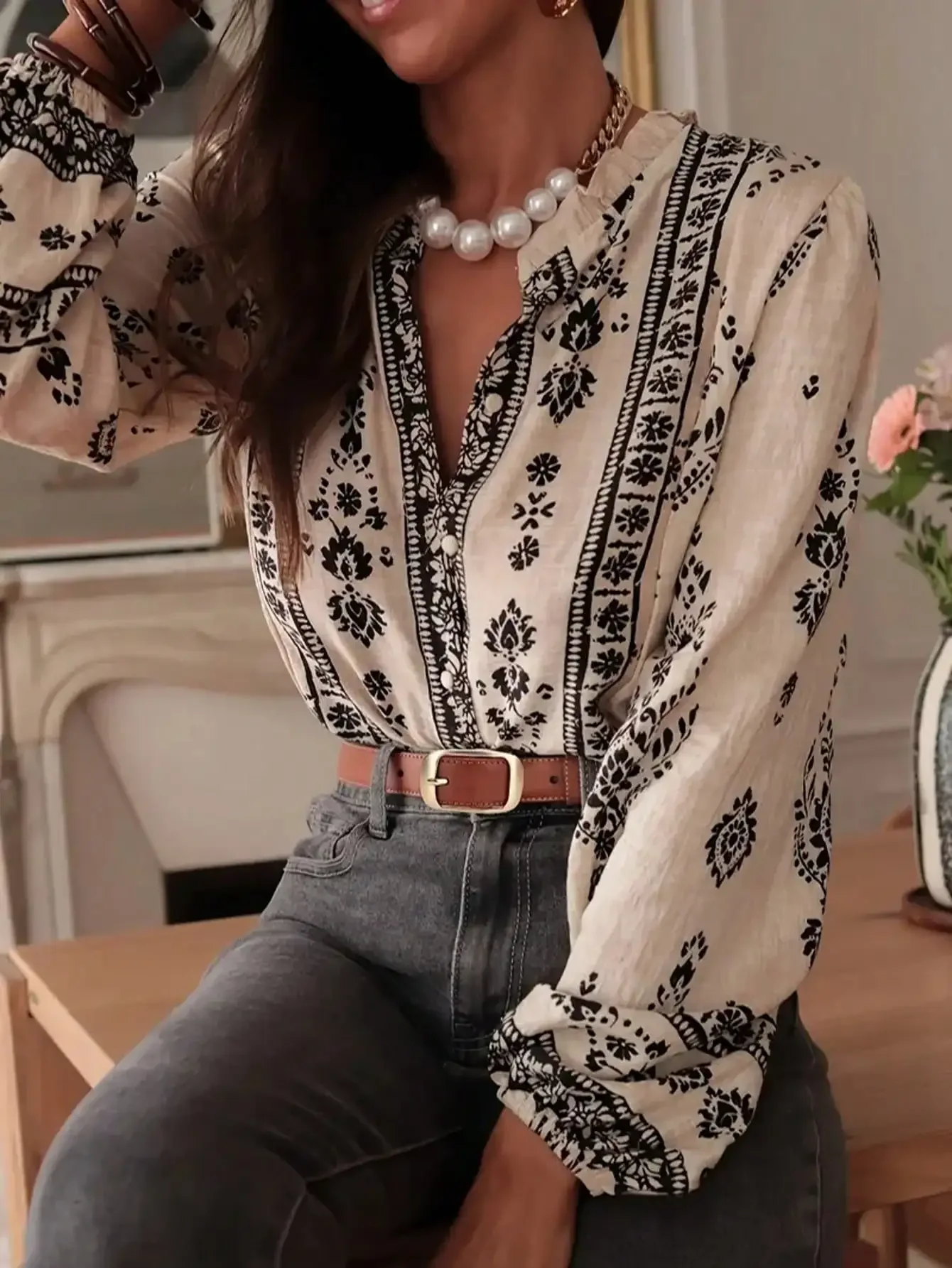 حجم كبير 1XL-5XL المرأة موضة مطبوعة Lantemn كم فضفاض أنيق قميص الربيع والخريف الأزهار طباعة بلوزة شيفون قميص