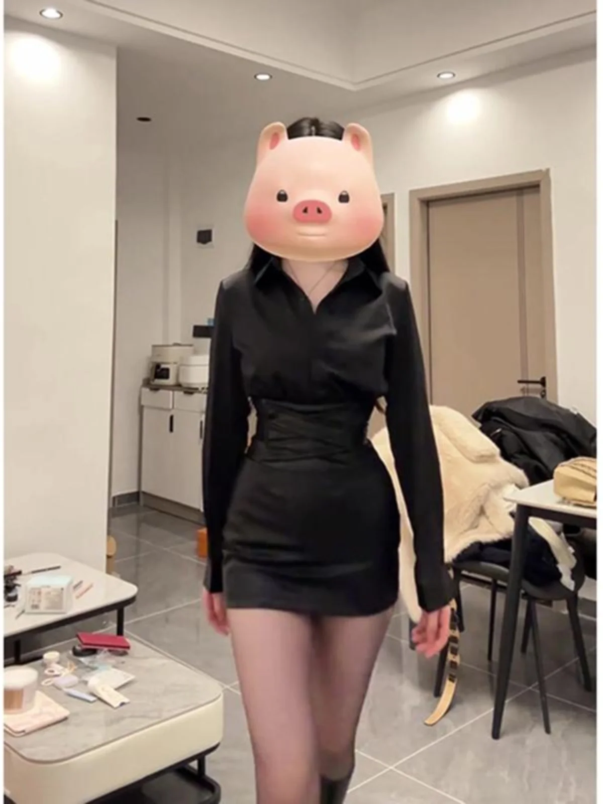 순수한 욕망 섹시한 검은 셔츠 긴 소매 여성 봄 자매 스타일 허리 치핑 스커트 세트 폴로 칼라 폴리 에스터 섬유