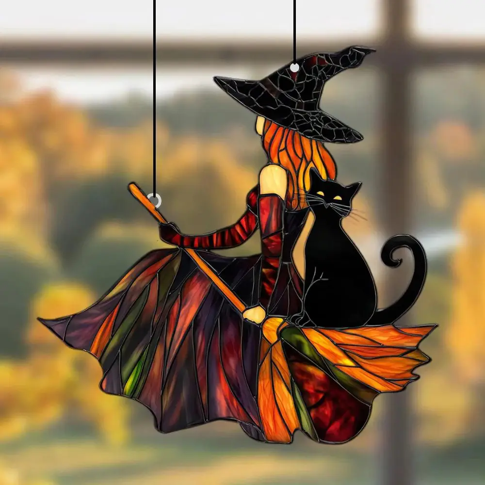 Gothic Acrylic Witch &Black Cat Suncatcher, Halloween Window Decoration Wind Chime, Broom Witch Hanging Ornament for Home JJ1454