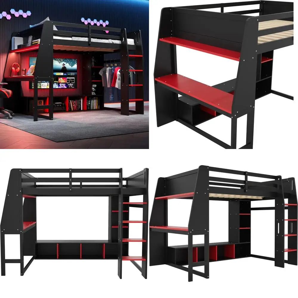 Solid Wood Gaming Loft Bed with Storage, Desk, Hanging Rack, LED, No Box Spring Needed, Black