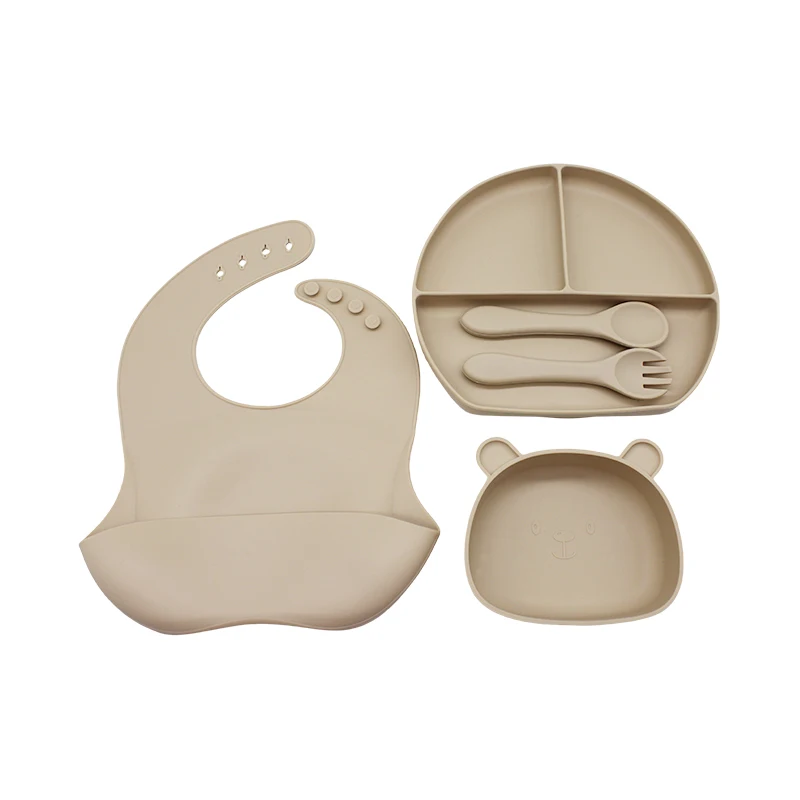 

Large compartment plate children's tableware set with meal bib eating training bowl soft silicone baby independent eating traini