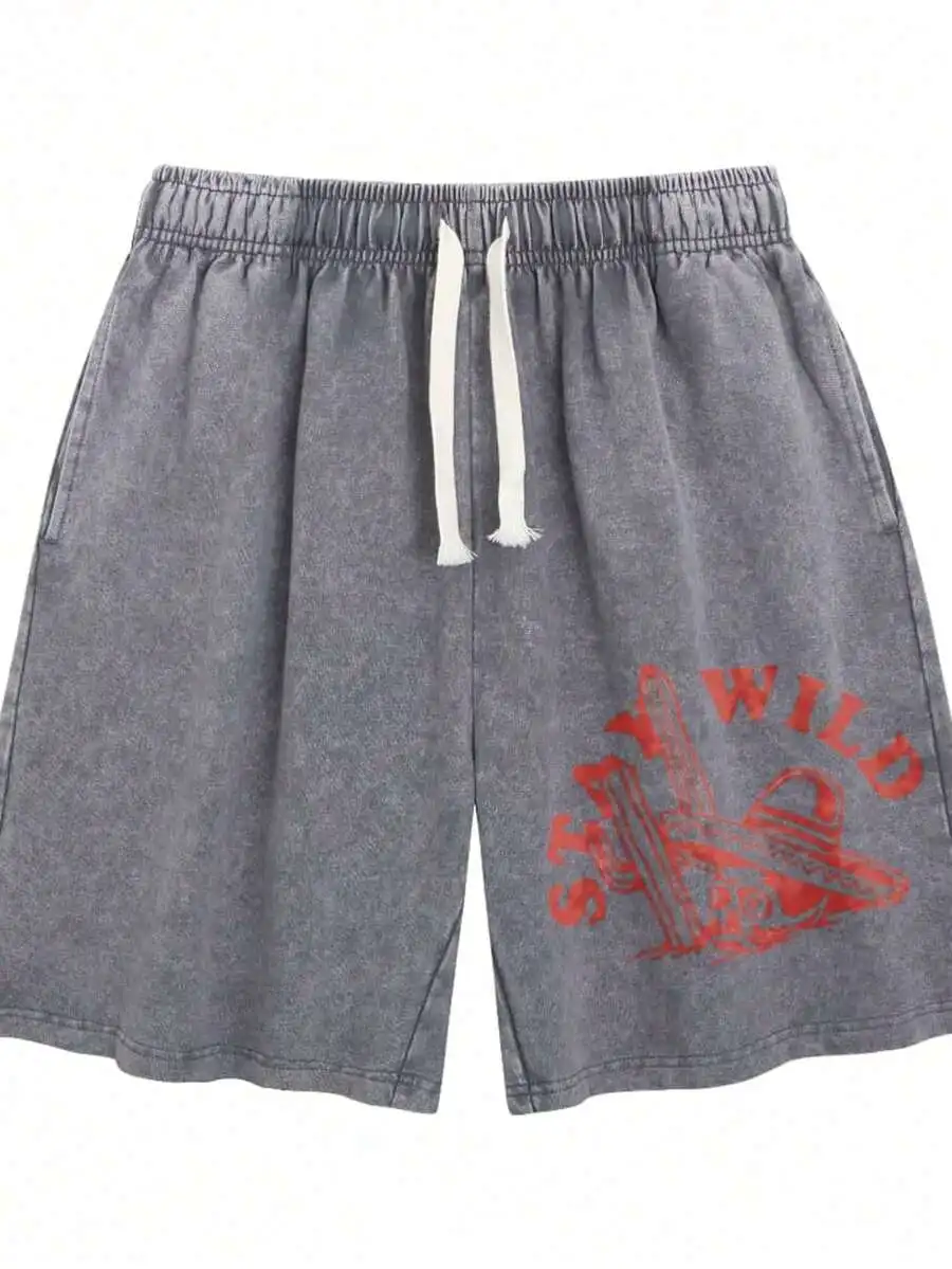 

Men Casual Loose Shorts With Stay Wild Print, Drawstring Waist, Summer Outdoor Wear