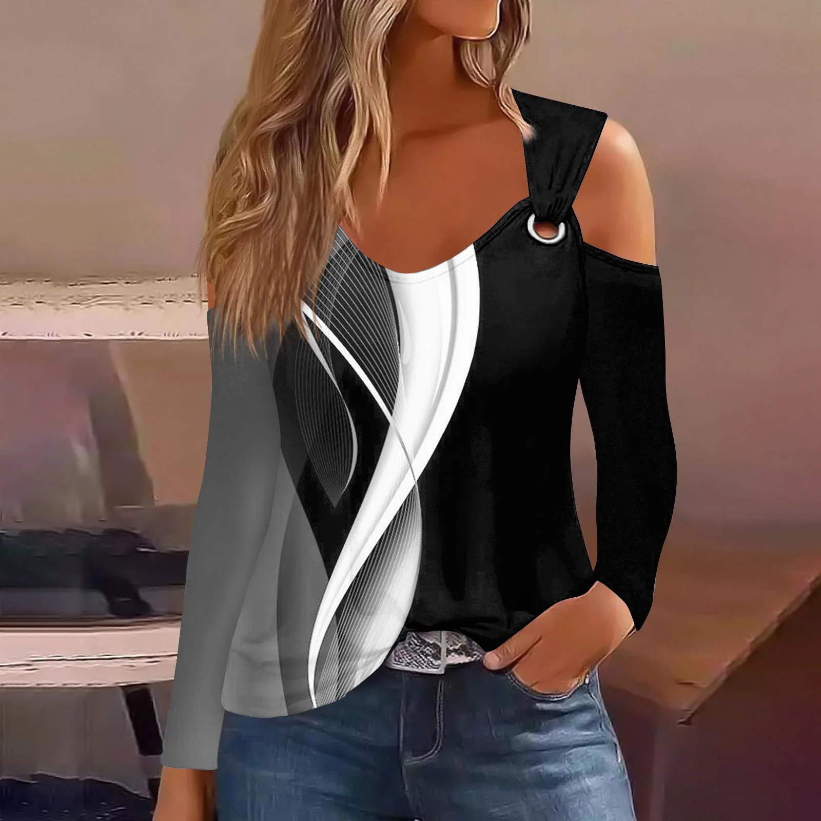 2024 Jesienna koszulka z długim rękawem i kwiatowym nadrukiem Kobiety Casual Hollow Out Tshirt Damskie topy Sexy Off Shoulder T Shirt Top Femme