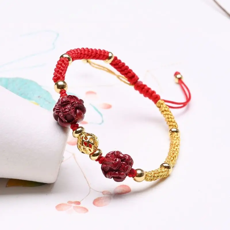 Pure Natural Cinnabar Bracelet Purple Gold Sand Three-in-one Chinese Zodiac Hand Rope Dragon Wear Men's and Women's Foot Chain