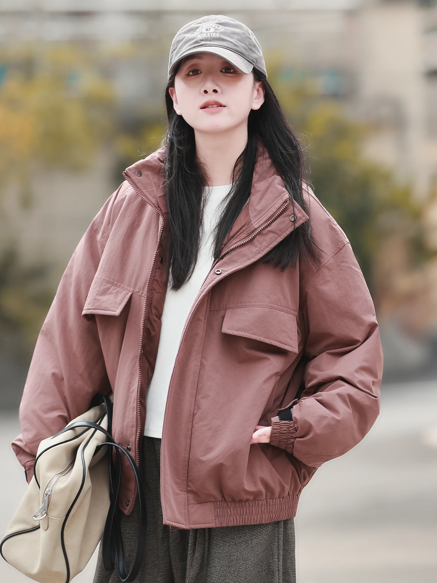 

Retro American Winter ort Lightweight down Jaet Women's Workwear Sle Large ket Warm Trendy Stand Collar Coat