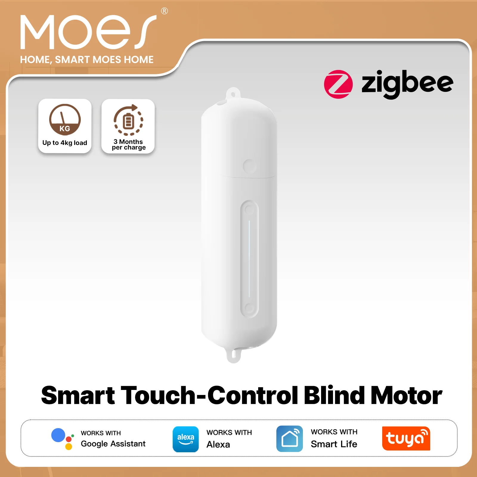 MOES Tuya Zigbee Blind Roller Drive Motor Touch Control Electric Automatic Curtain Rechargeable Bead Chain For Alexa Google Home