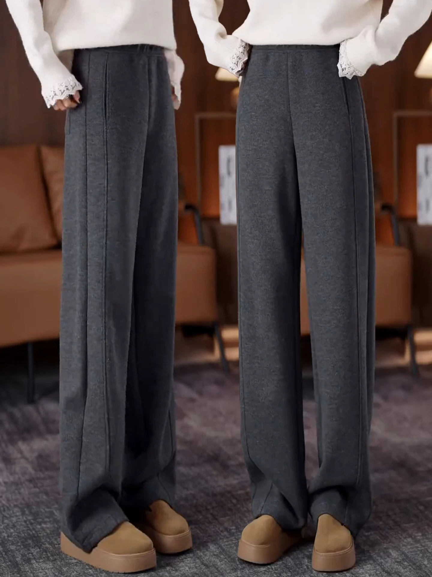 

Acetate Wool High Waist Fleece Lined Slim Fit Wide Leg Pants Casual Autumn Winter Women's Fashion Dream Elegance Pants