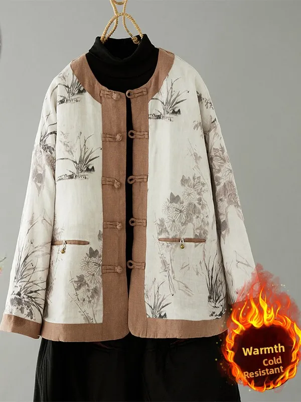 

2025 New Women's Cotton Jaet with Button Print Cotton Linen Ethnic Sle Patchwork Color Korean Version Straight Tube