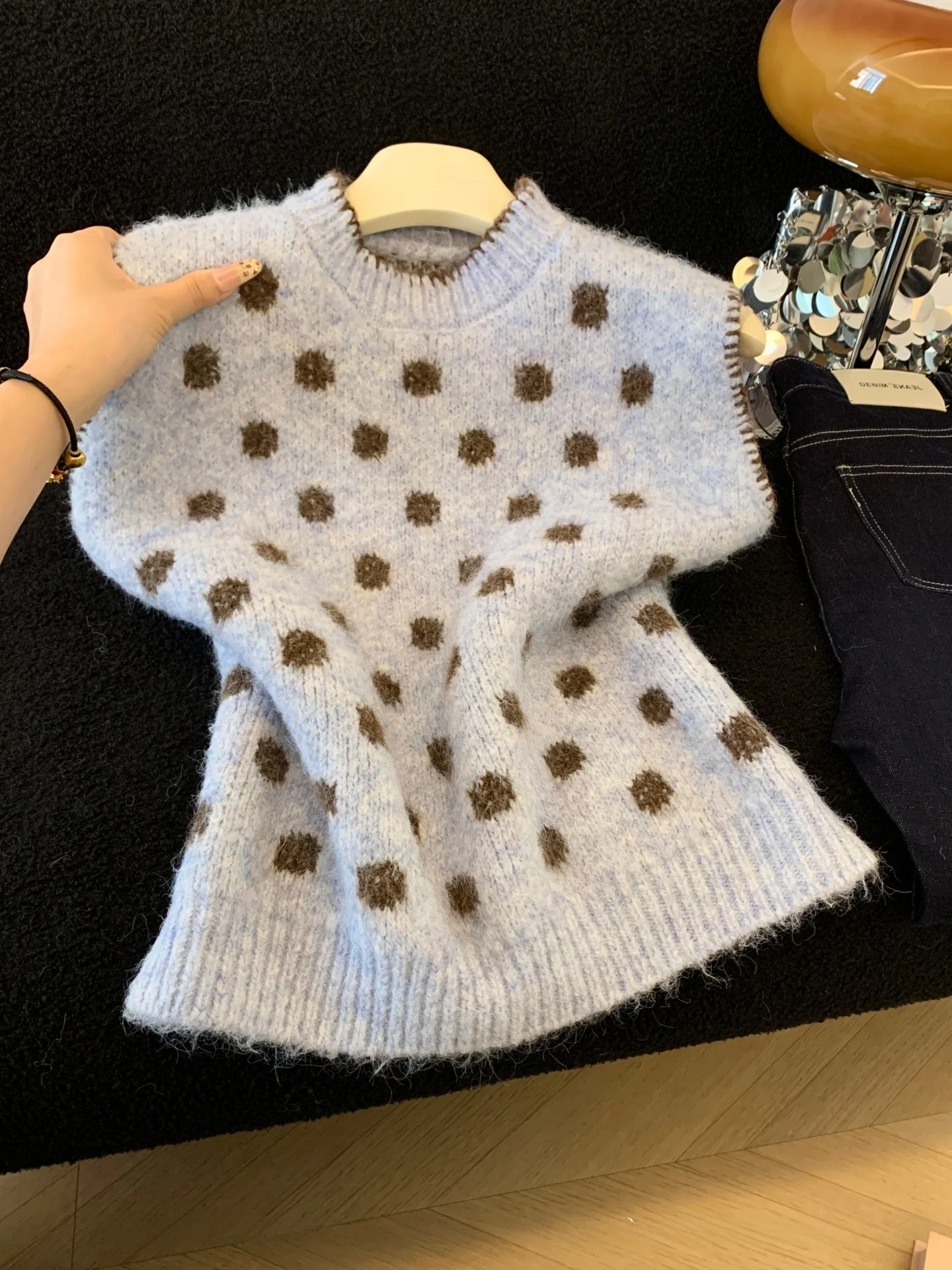 

Sweet Youthful Blue Polka Dot Knitted Vest Women's Spring New Sle Small Size round Ne Svel Layering oulder Top