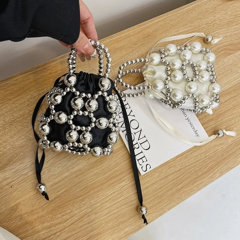 Pearl Crossbody Bags for Women Woven Handmade Bucket Tote Handbag Ladies Hollow Out Beach Holiday Shoulder Bag