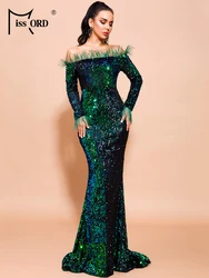 Missord Green Sequin Evening Dresses Elegant Women Off Shoulder Feather Long Sleeves Bodycon Maxi Mermaid Party Prom Dress Gown