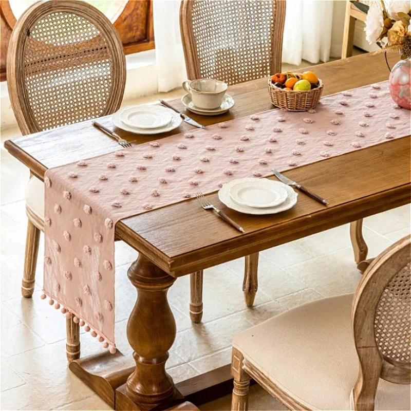 French Tassel Long Table Runner Birthday Party Long Tablecloth Three-Dimensional Yarn Tassel Table Cover Wedding Decoration Prop