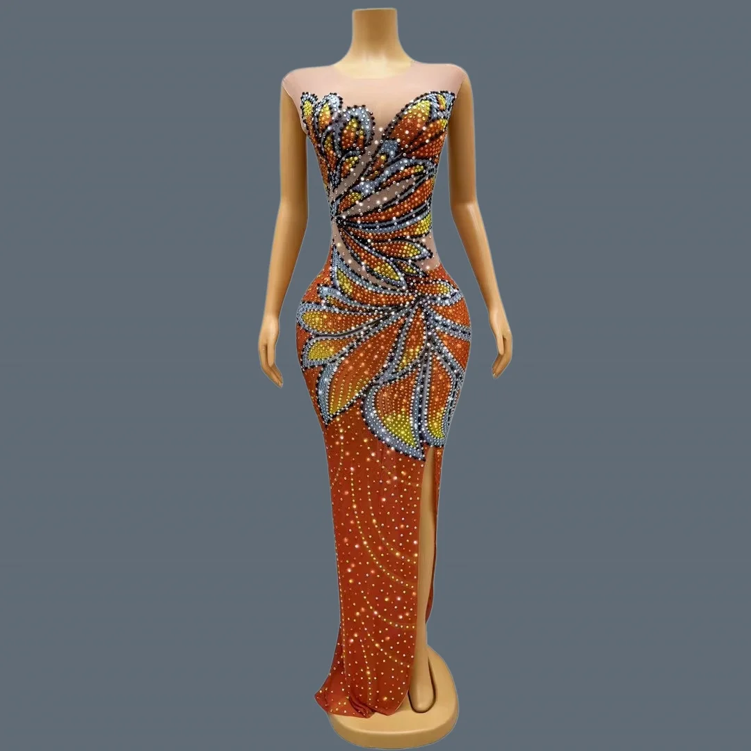 Women Sleeveless Mesh Maxi Dress Monarch Butterfly Sparkly Rhinestone High Slit  Birthday Celebrate Party Evening Dress Fengdie