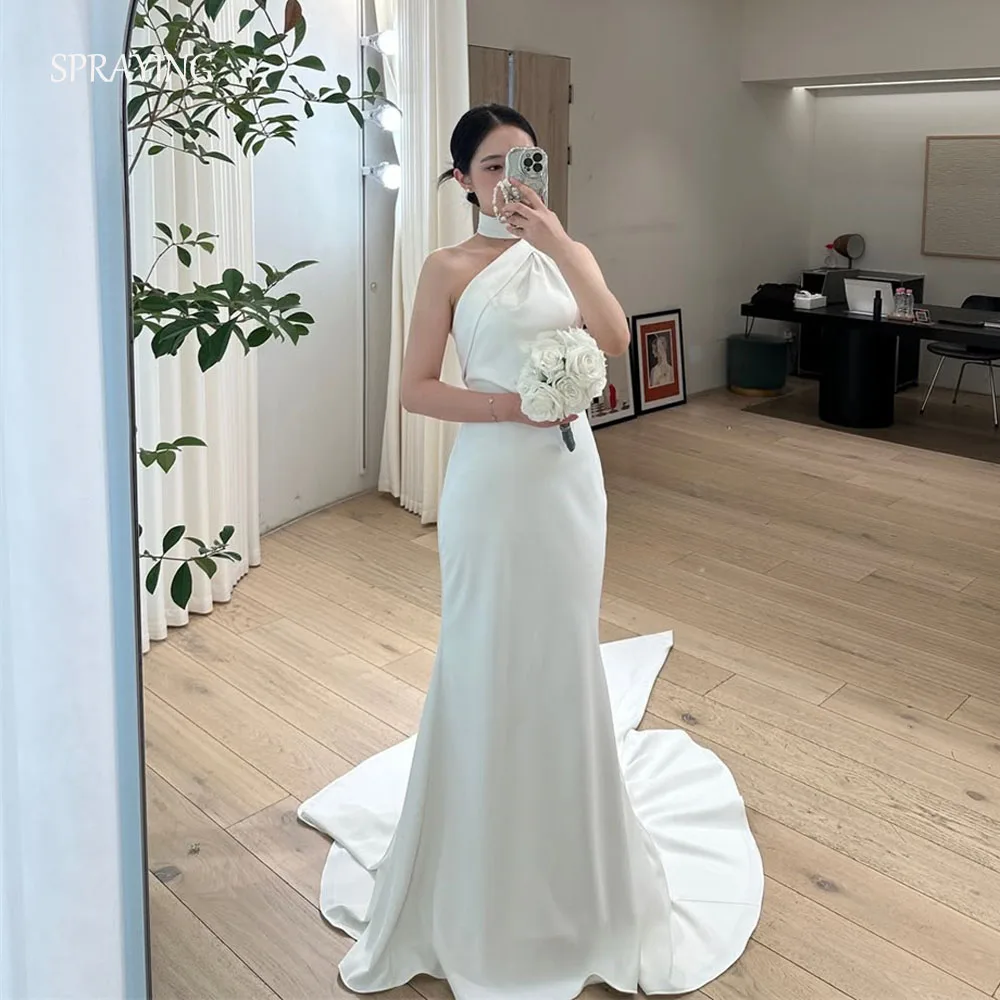 الرش أنيقة حورية البحر طويل الساتان فستان الزفاف كوريا صورة تبادل لاطلاق النار الرسن بلا أكمام زي العرائس مشد مخصص ستناء