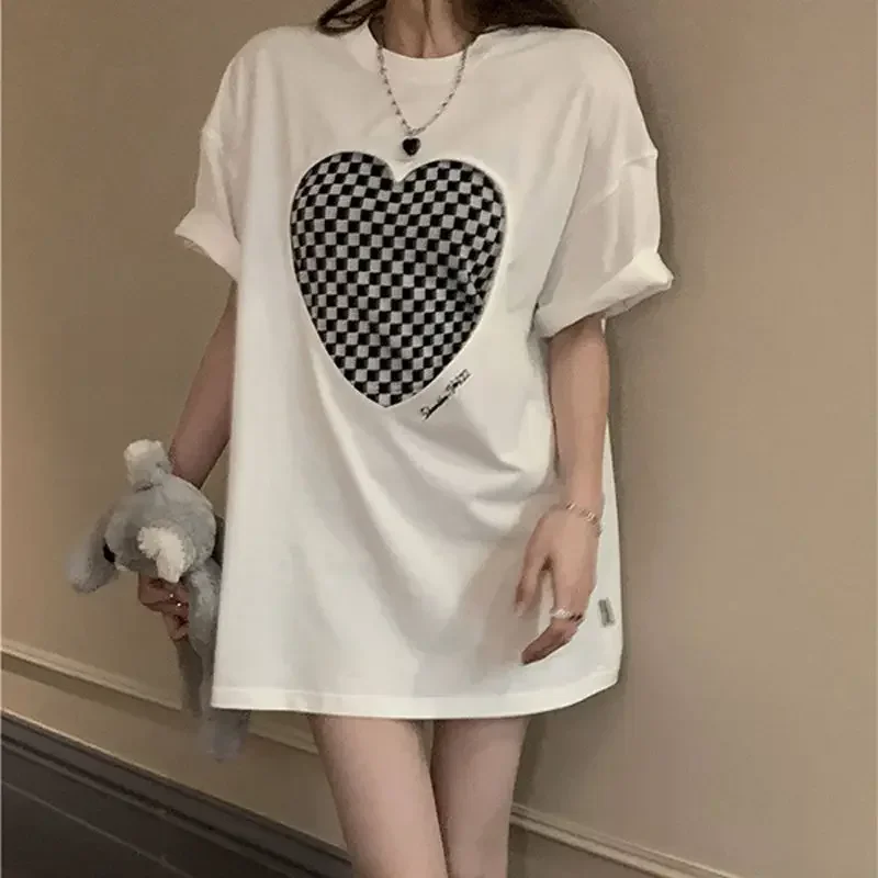 2025 Heart Hollowed Out Top Women New Loose Printed Plaid Korean Solid O-neck Oversized T-Shirt Halter T-shirt Two-piece Set