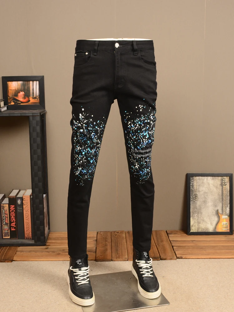 

Autumn Black Jeans Men Dots Printed Slim Fit Pencil Pants Streetwear Casual Ripped Patch Denim Trousers