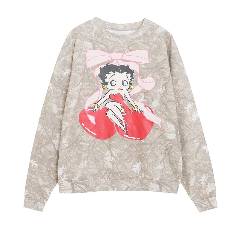 

Cartoon Anime round Neck Long Sleeve Fleece Lined Loose Fit Slimming Camouflage Fashion Top for Women Street Style Sweatshirt