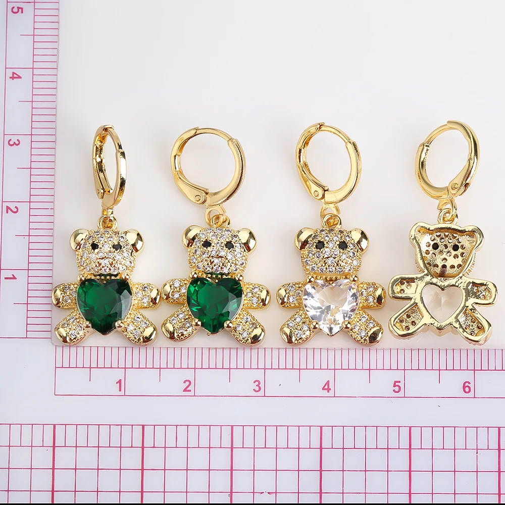 Hot Selling Teddy Bear Heart Crystal Animal Geometric Ear Clasp Cute Lady Fashion Jewelry 18K Gold Plated High Quality Earrings