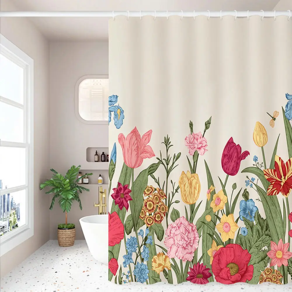 American Style Shower Curtain Floral 3D Print Bathroom Partition Waterproof Polyester Fabric Washroom Divider Home Decorating