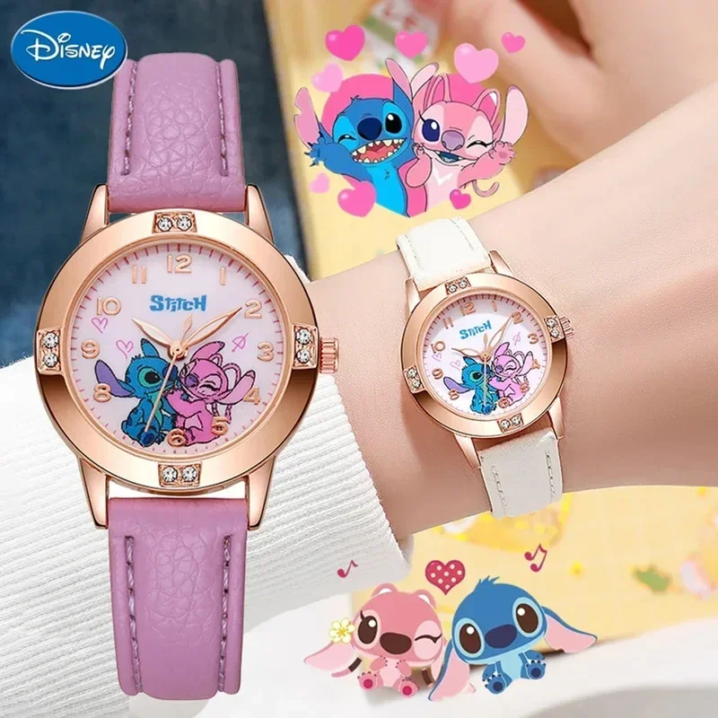 

Детские часы Disney Stitch, милые кварцевые часы с рисунком и ремешком с имитацией бриллианта для мальчиков и девочек, студенческие наручные часы в подарок