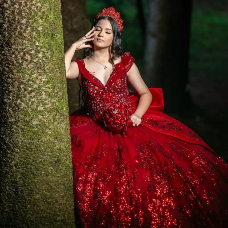 

Red Quinceanera Dresses Off the Shoulder Glitter Decal Lace Layering 3D Flower Long tail Bow Vestido 15 Quinceanera Customized