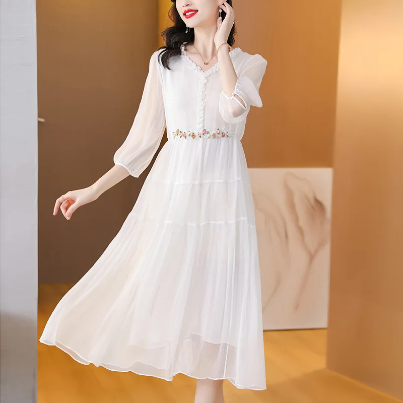 White Dress For Women Summer Lace Up V-Neck A-Line Long Dresses Holiday Beach Dress Streetwear Robe Femme Fashion New Vestidos