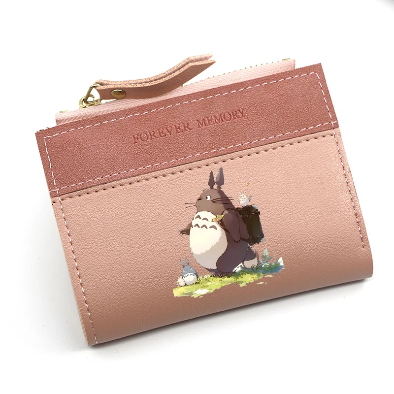 Portefeuille court My Neighbor Totoro pour femme, tendance, contrasté, avec fermeture éclair à pompon, motif dessin animé, multi-fentes pour cartes, porte-monnaie