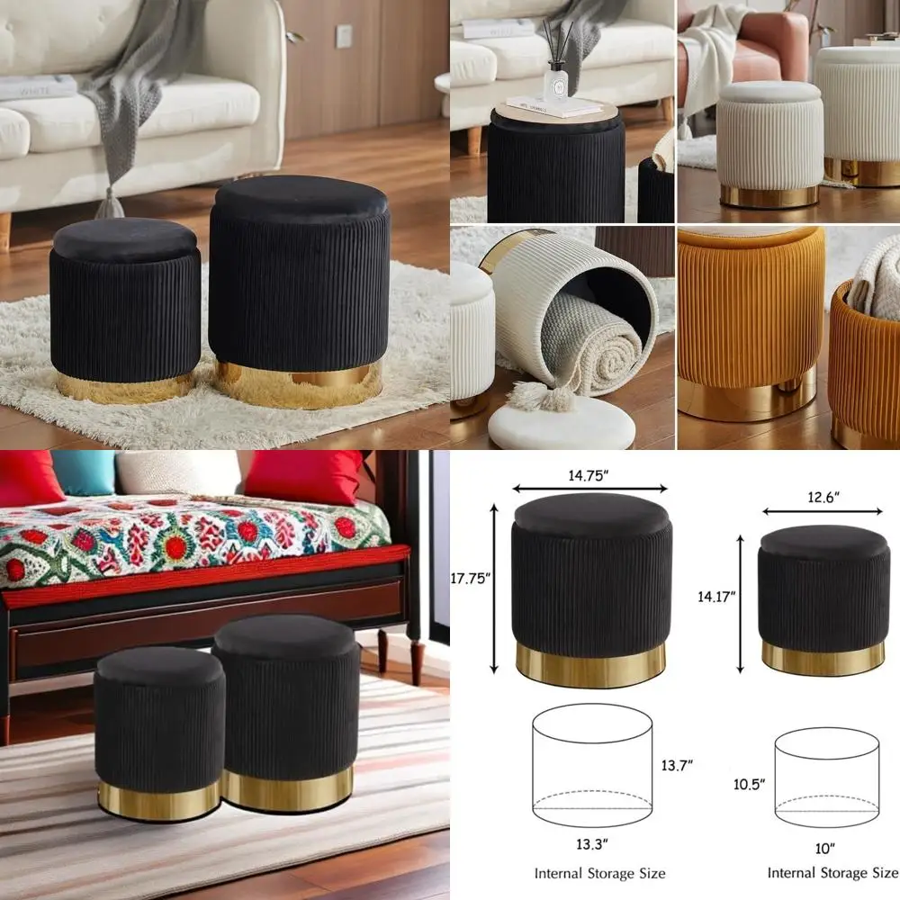 

Black Velvet Ottoman Set: 2-Piece Storage Ottomans for Living Room and Bedroom
