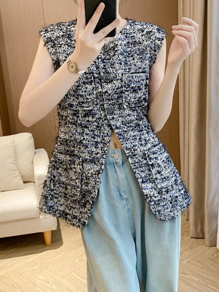 

Женский вязаный шерстяной жилет 2024: осенняя модная универсальная модель с эффектом высокого качества, с круглым вырезом, топ с драпировкой