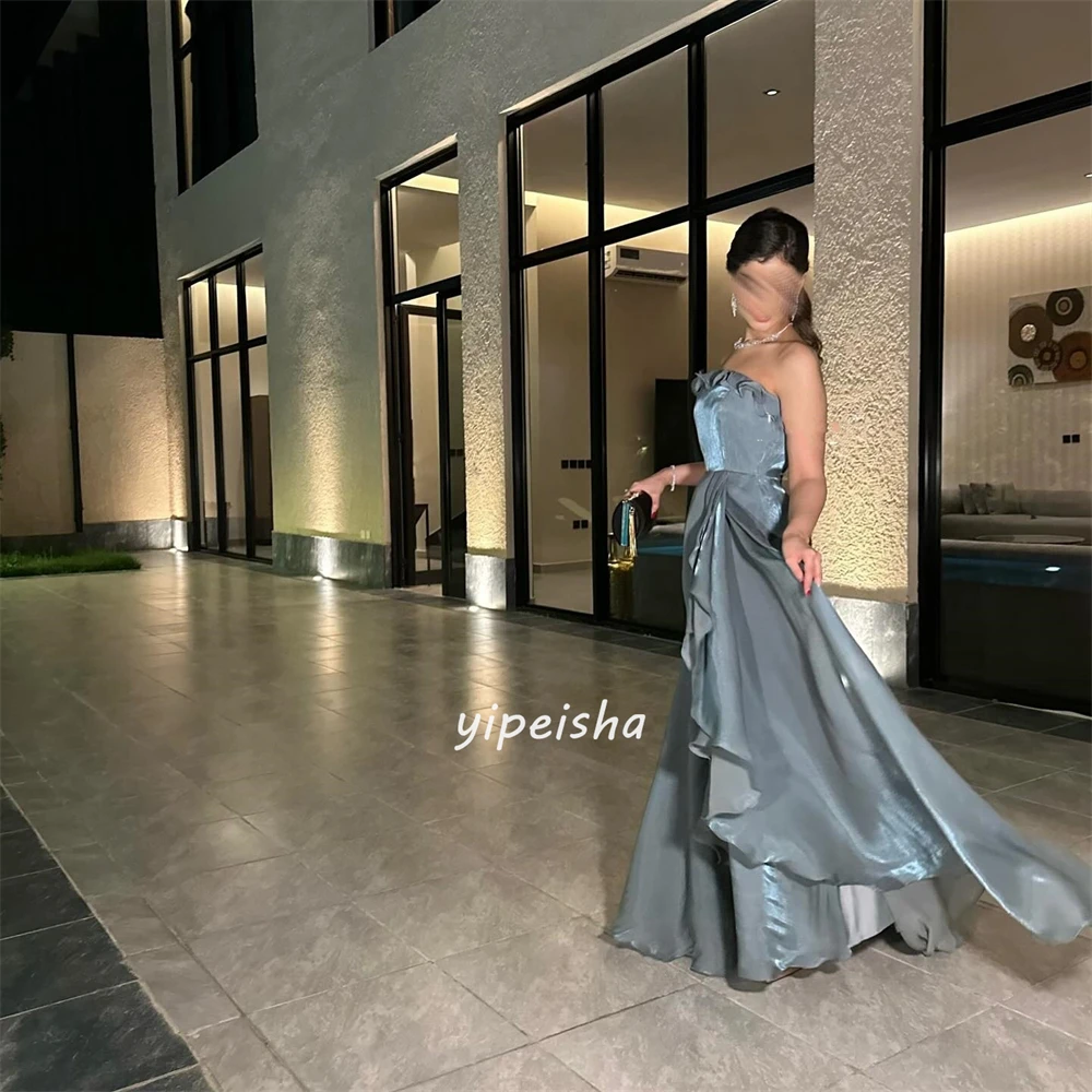 Customized Sparkle Satin Pleat Ruched A-line Strapless Long Dresses Evening Dresses Matching Intricate Chinese Style High Qualit