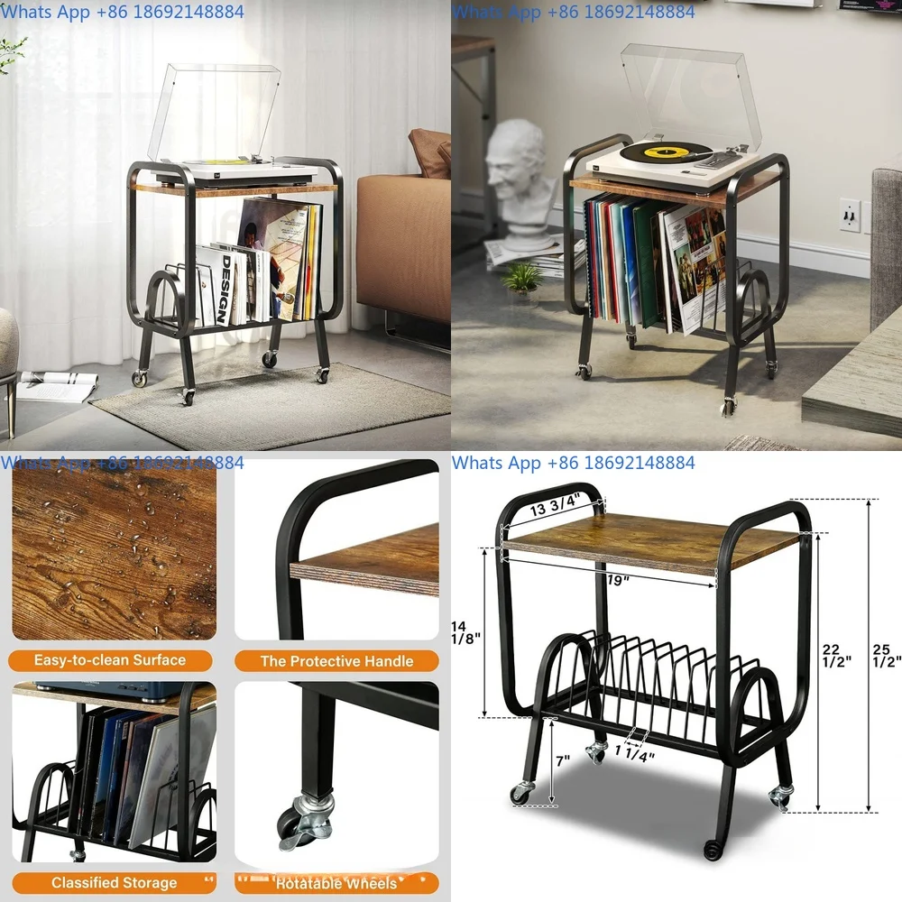 

Portable Record Player Stand with Iron Wood Design Small Side Table for Magazines and Newspapers Storage