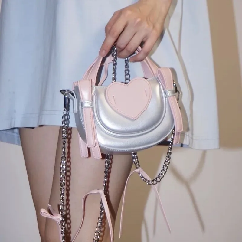 

Silver Heart Chain Crossbody Designer Mini Bow Shoulder Bag Women Fashion Handbag Ladies Versatile Lipstick Purses Y2k Aesthetic