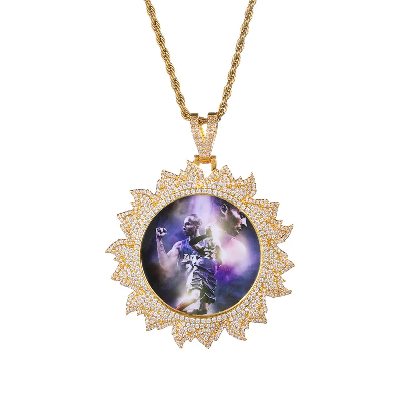 

Custom Photo Frame Sun Round Pendants Necklace For Women Men Unisex Bling Iced Out Hip Hop Rapper Jewelry Gifts