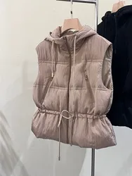 Italy Fashion B*C Women's Hooded  Down Vest Drawstring Waist Goose Down  Sleeveless jacket Coat 2023 New