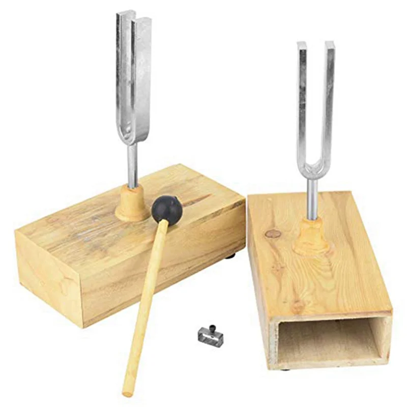 2 Pcs Tuning Fork with Wood Resonator Box, 440HZ Virbration Experimental Instrument with 1 Pcs Tuning Fork Knocker