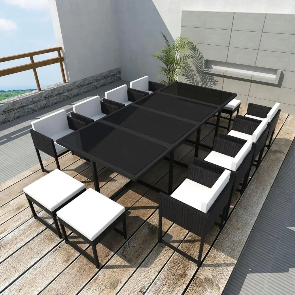 13-Piece Black Poly Rattan Patio Dining Set with Cushions - Outdoor Furniture Collection