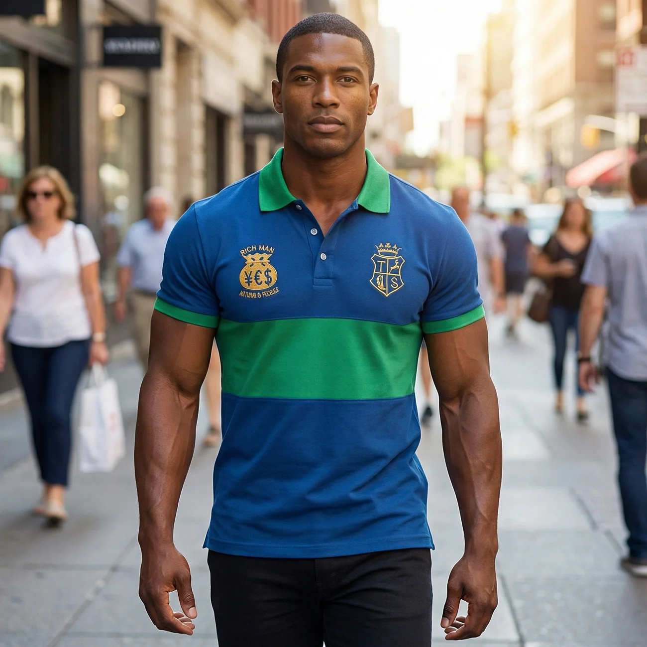 Herren Locker Sitzendes Kurzarm-Poloshirt Original 'Rich Man' Stickerei Lässiges Farblich Abgestimmtes Baumwoll-Shirt für Weihnachten und Valentinstag