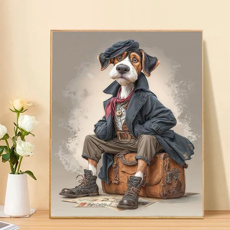Professional Art Use, 2D/Flat 1pc Frameless DIY Adult Paint by Numbers Kit: Dog Pretending to Be an Adventurer, Wearing a Trench