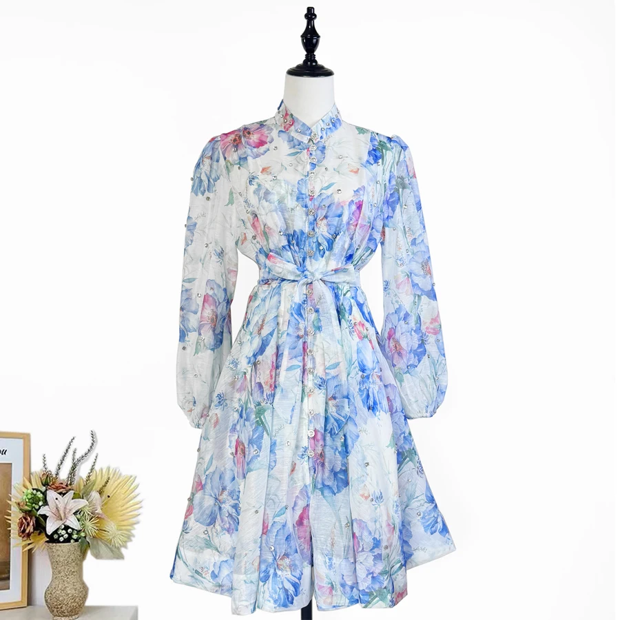 Ele ort Dr with Belt Slimming Print Strap Stand Collar Single Button Design Polyester Fiber Summer Women's Dr