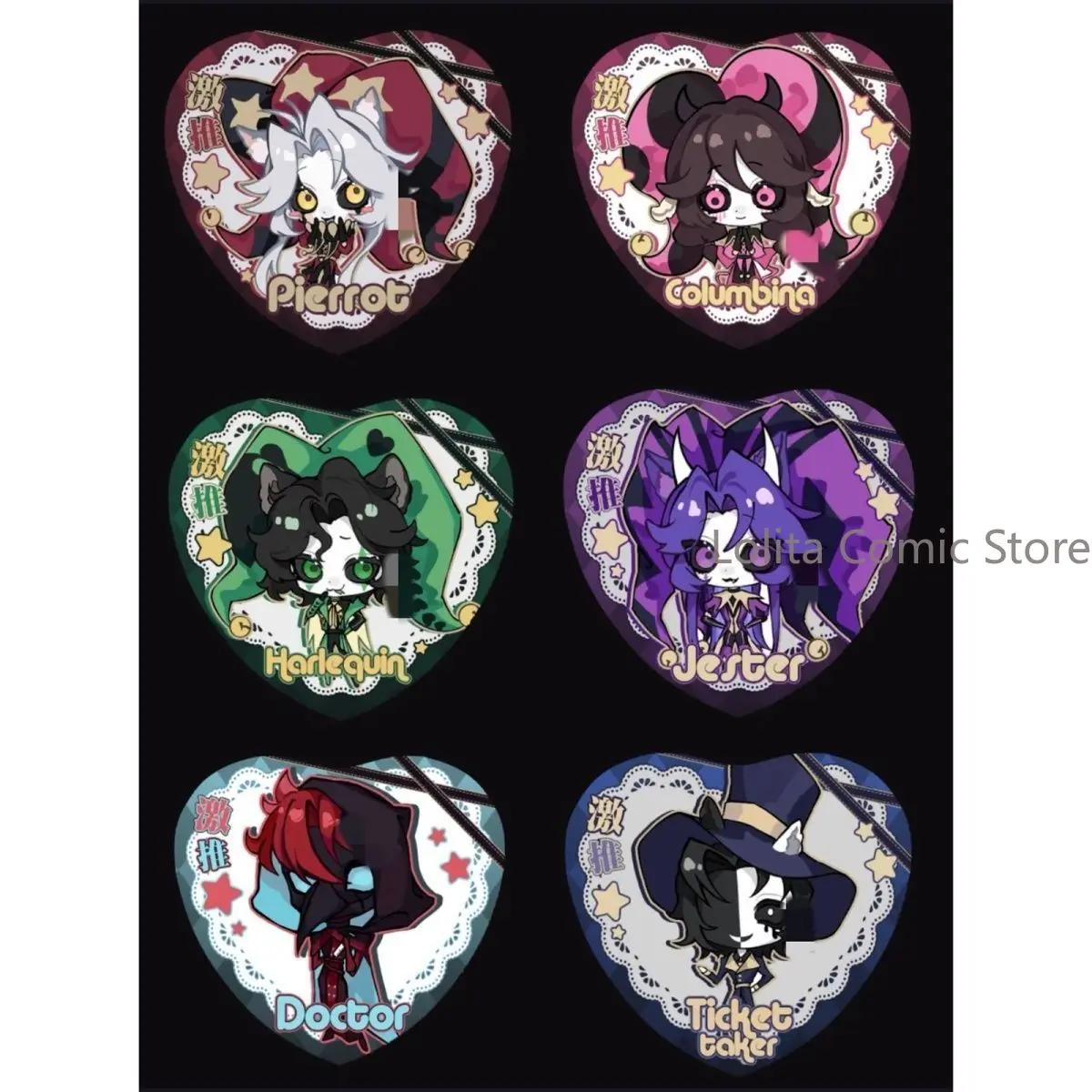 6 pièces Aimants de réfrigérateur magnétiques en forme de cœur, motifs The Freak Circus, Pierrot, Harlequin, Jester, Ticketaker, Doctor, pour jeux