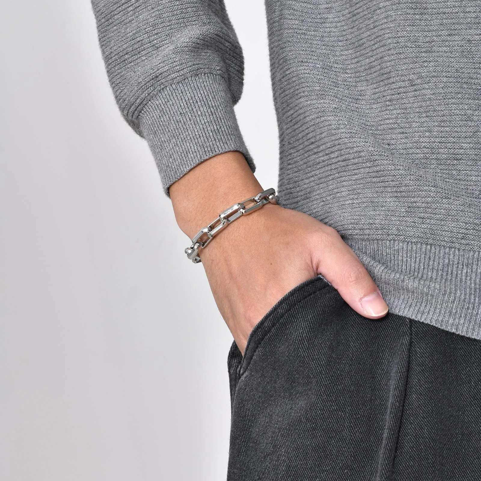 Casual Rectangle Chain Bracelets for Men Boys,Silver Color Stainless Steel Wristband,Punk Anniversary Jewelry Gifts