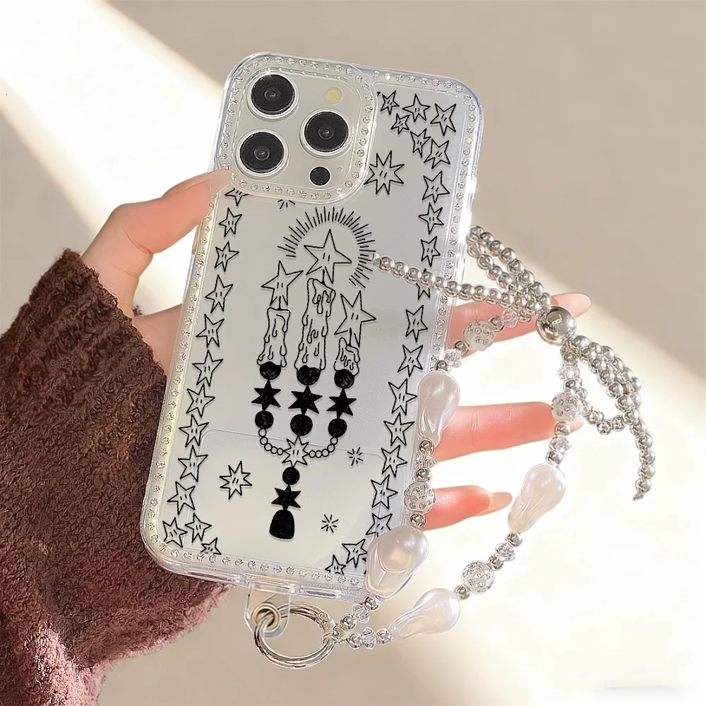 Diamond Lanyard Phone Case For iPhone 17 16 Pro Max 11 13 15 14 12 Air 17promax  Transparent Shockproof Candle Painted Cover