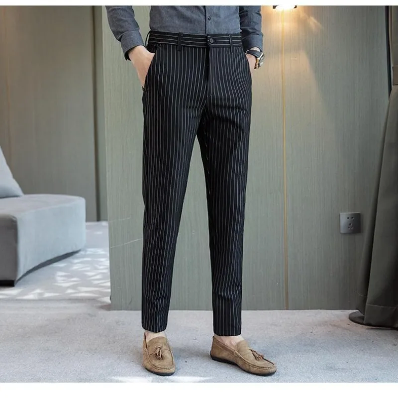 Korean Fashion Summer New Men\'s Ice Silk Striped Pockets Zipper Suit Pants Smart Casual Trend Slim Straight Ankle Length Pants