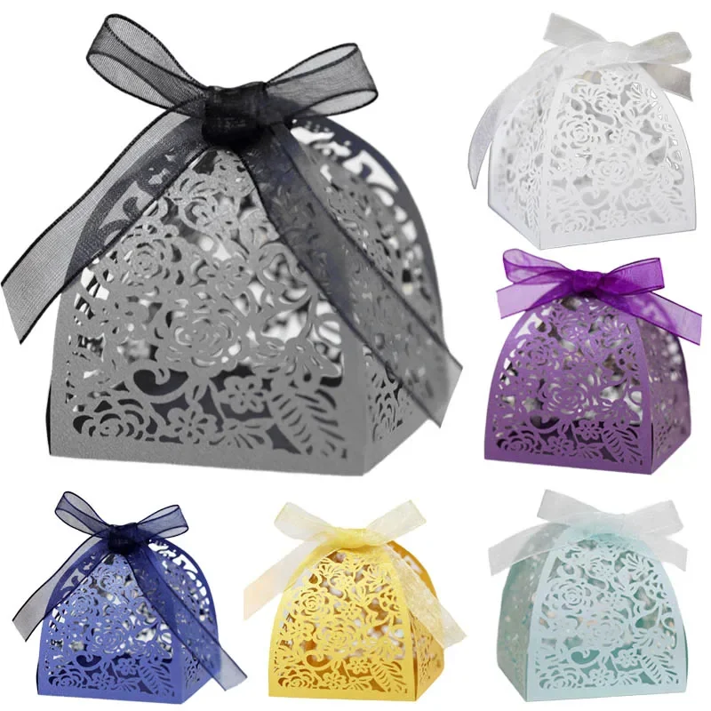 50pcs/lot Hollow Rose Flower Gift Boxes with Ribbons Laser Cut Packaging Boxes For Chocolate Candy Birthday Party Supplies