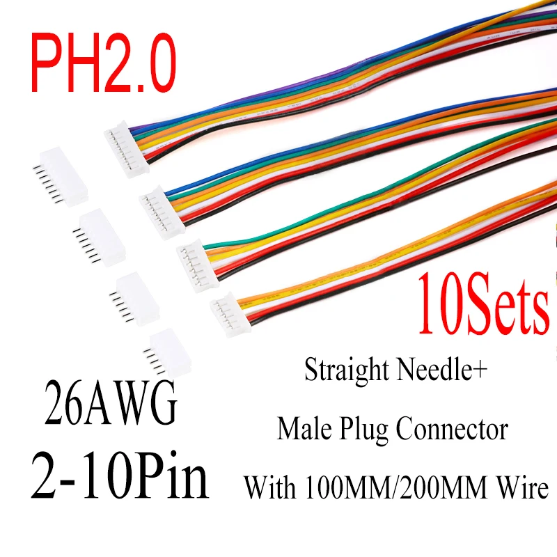 10Sets JST PH2.0 Wire connector 2/3/4/5/6/7/8/9/10P 2mm Pitch Straight Needle Female Plug Connector With 100/200mm Wire 26AWG