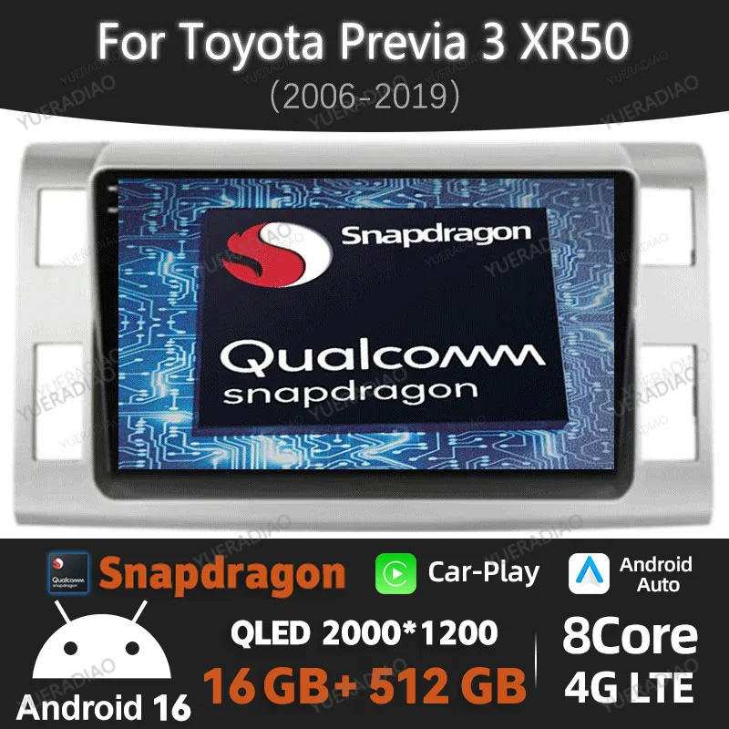 Android 16 Car Radio For Toyota Previa 3 III XR50 Estima 2006 - 2019 Carplay Auto Multimedia Video Player NAVI GPS 4G+WIFI QLED