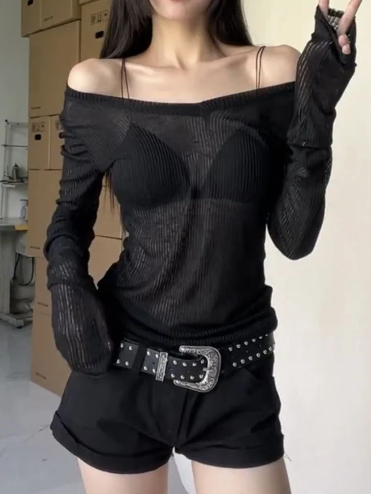 Frauen Langarm T Shirt Dünne Perspektive Sommer Feste Dünne Casual Shirts Weibliche Pullover Grundlegende T Y2k Kleidung Streetwear Top – Detail 13