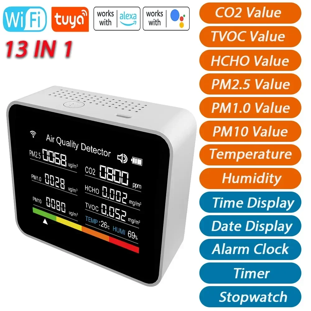 

13 in 1 Air Quality Detection Formaldehyde Carbon Dioxide Detector PM2.5 Air Quality Temperature TVOC Alarm Clock Stopwatch