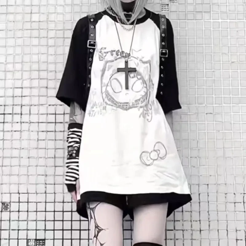 

Japanese Short Sleeve T-shirt Men Women Summer Vintage Patchwork White Black Blue Top Subculture Harajuku Y2k 2024 Casual Tees