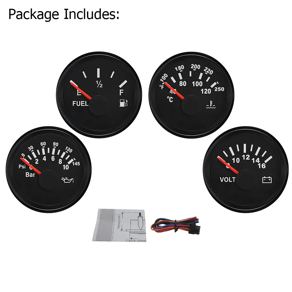 

4 Gauge Set 52mm 40-120℃ Water Temp 0-10Bar Oil Pressure Fuel Level Meter 8-16V Voltmeter with Red Backlight for RV Marine Car